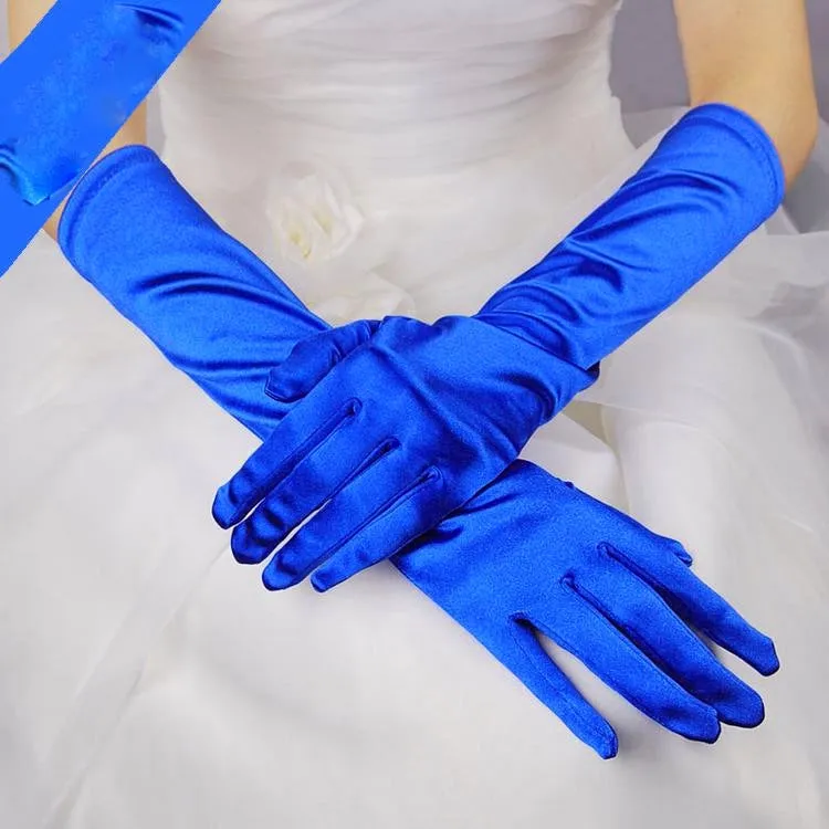 1pair Bride Gloves Satin Long Vintage Travel Sunscreen Dress Wedding Gloves(Royal Blue)