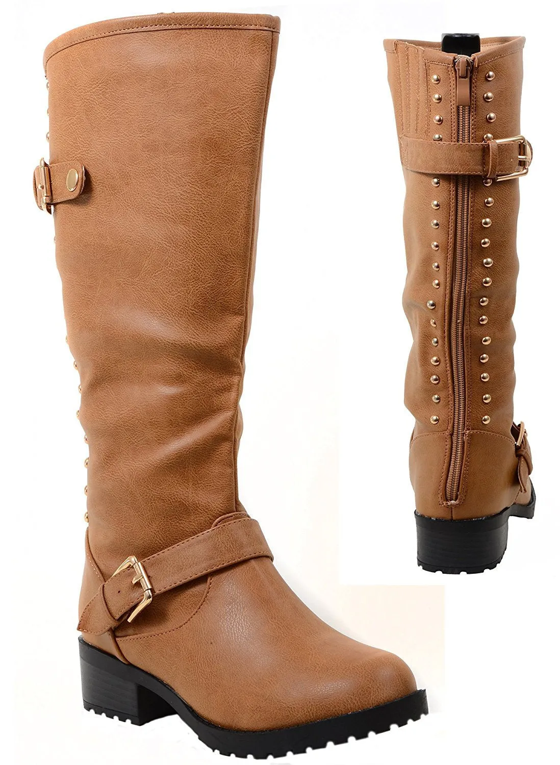 4everfunky Studded Buckle Riding Knee Vegan Leather Women's Boot