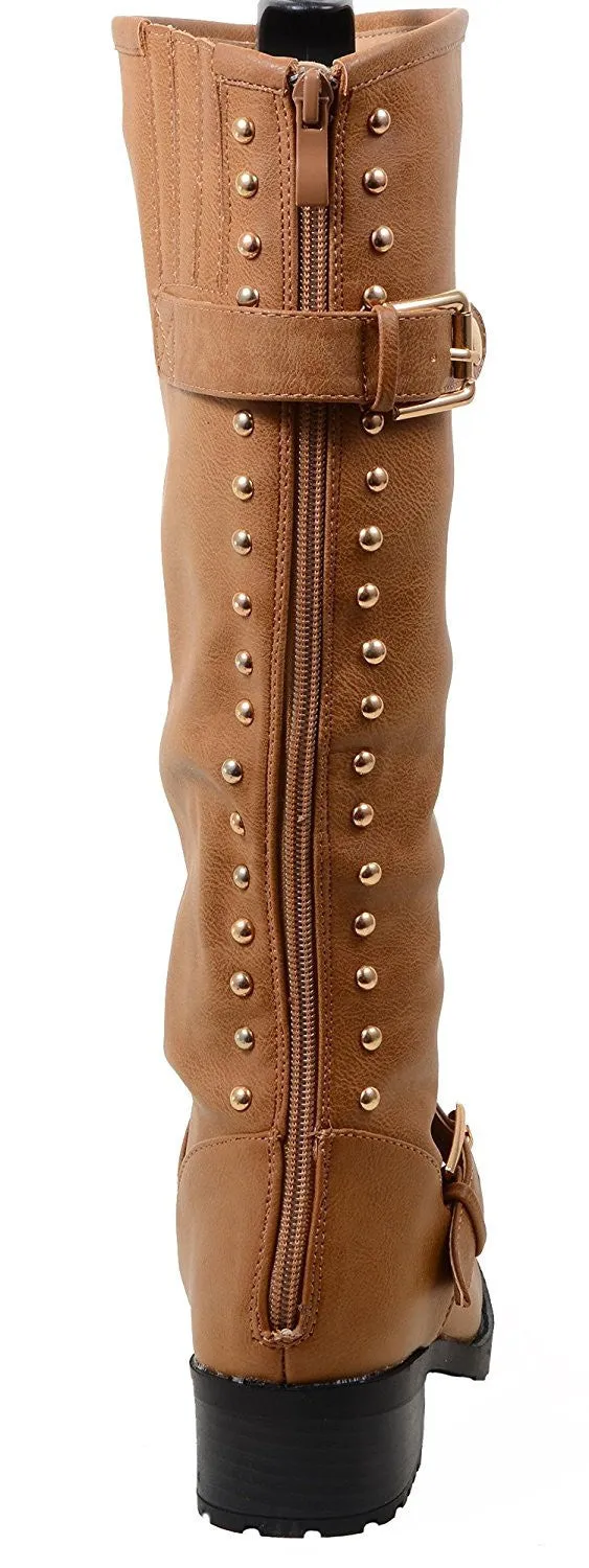 4everfunky Studded Buckle Riding Knee Vegan Leather Women's Boot