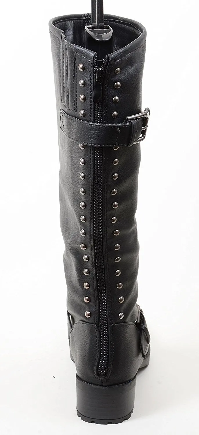 4everfunky Studded Buckle Riding Knee Vegan Leather Women's Boot