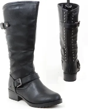 4everfunky Studded Buckle Riding Knee Vegan Leather Women's Boot