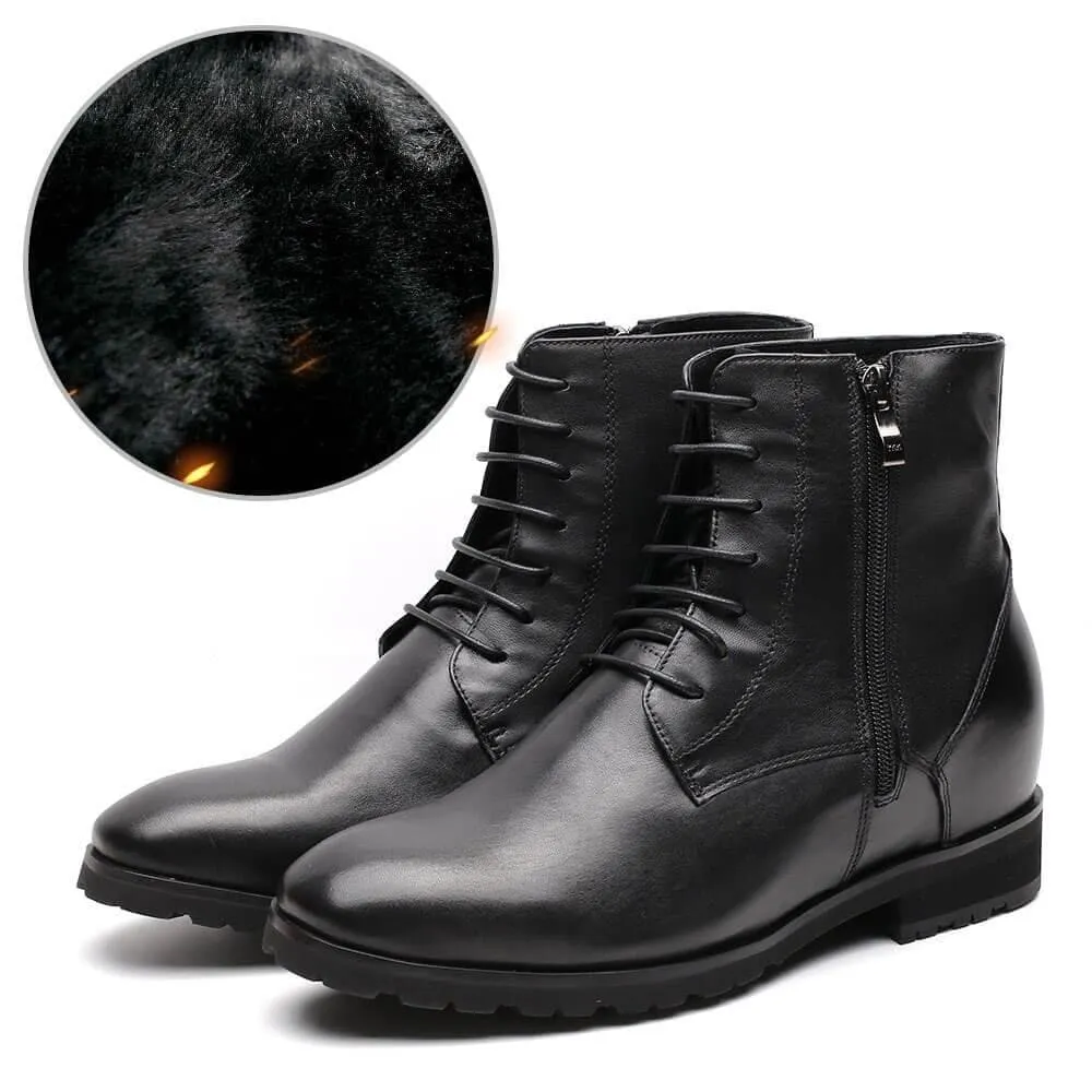 7 CM / 2.76 Inches - CMR CHAMARIPA Height Increasing Boots Black Leather Elevator Boots Warm Fur Lined Winter Boots