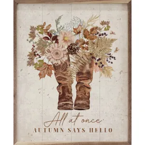 All At Once Autumn Says Hello Whitewash Wood Framed Print