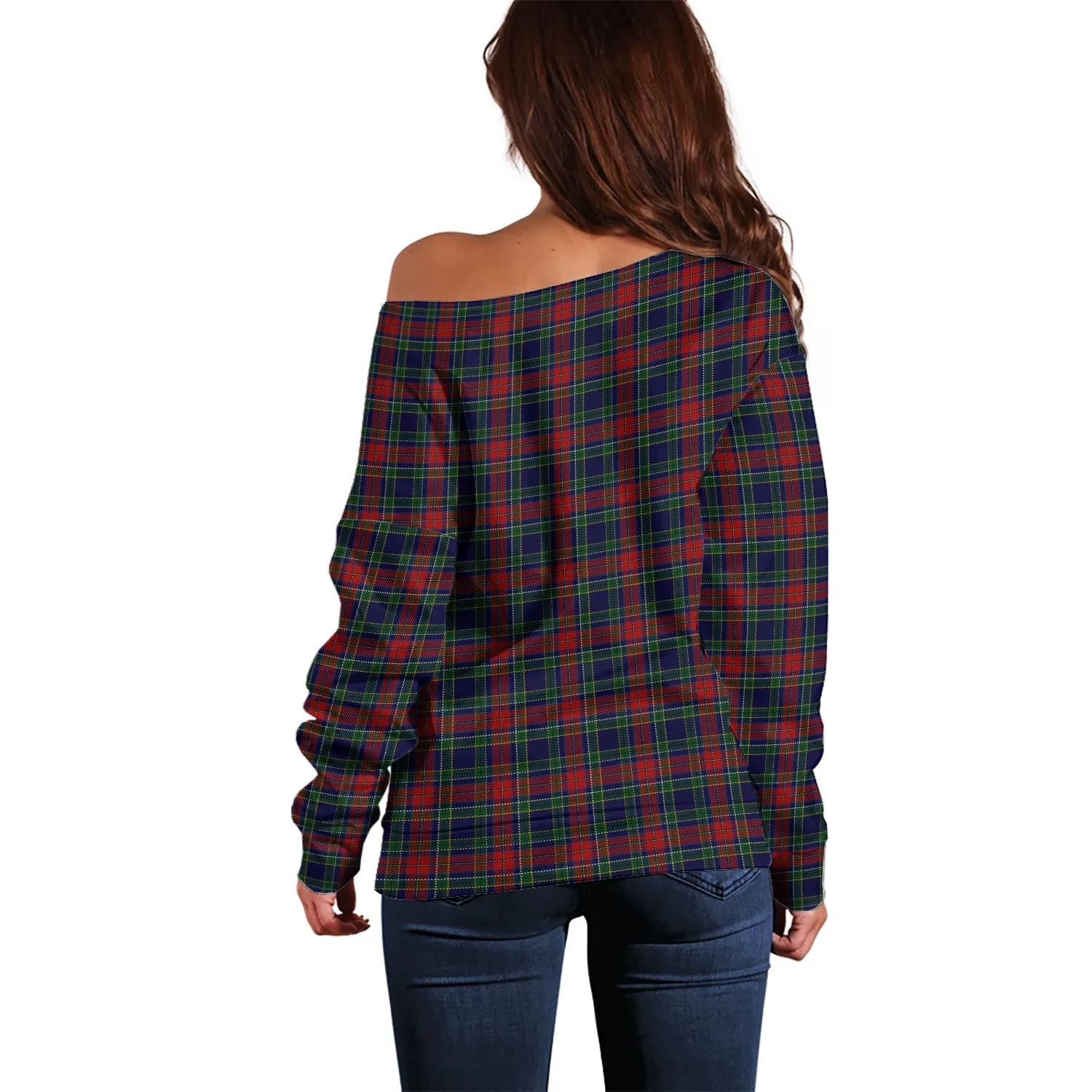 Allison Red Tartan Off Shoulder Women Sweater with Family Crest