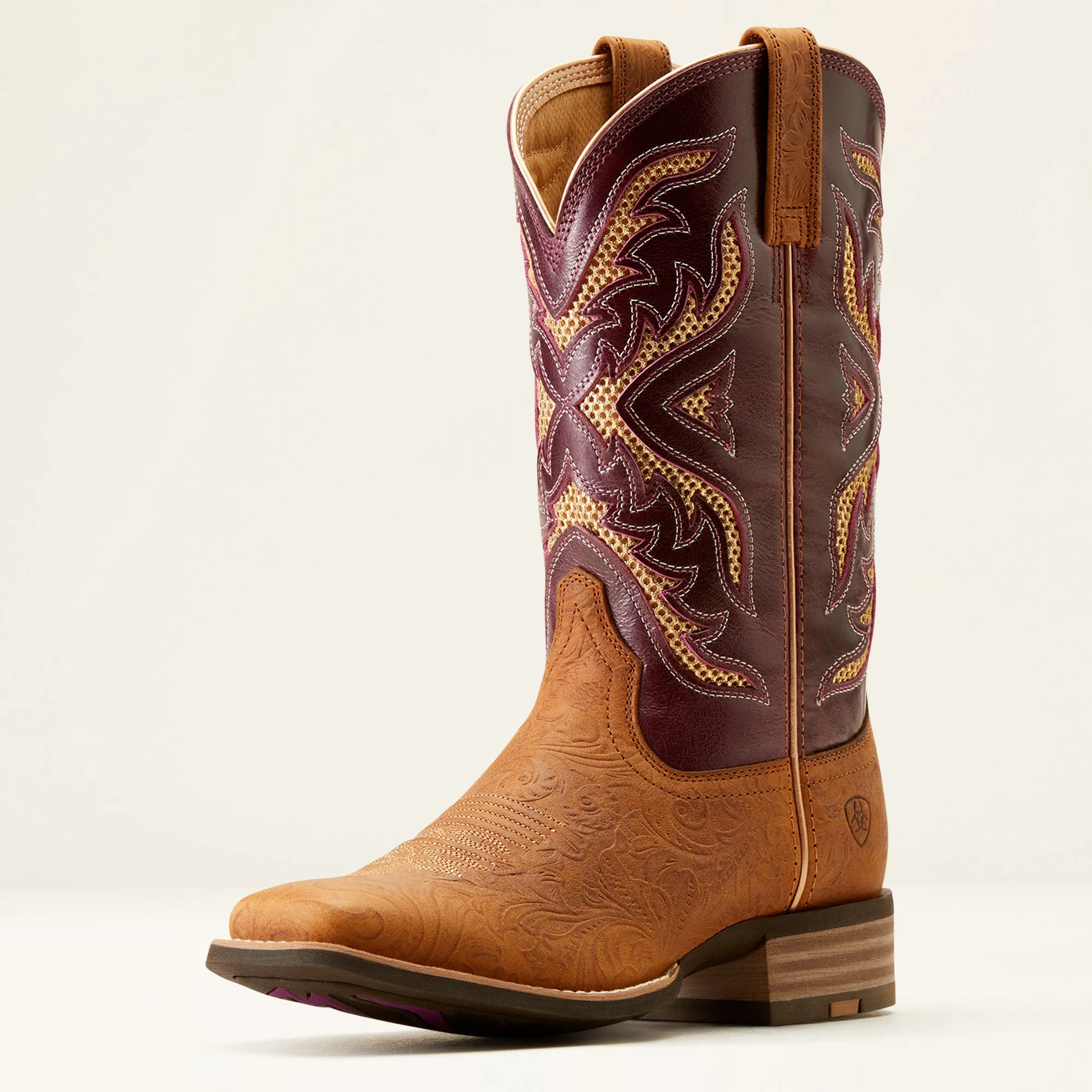 Ariat Ladies 10051023 San Angelo VentTEK 360 Western Boots in Tooled Toasted Almond & Aged Merlot