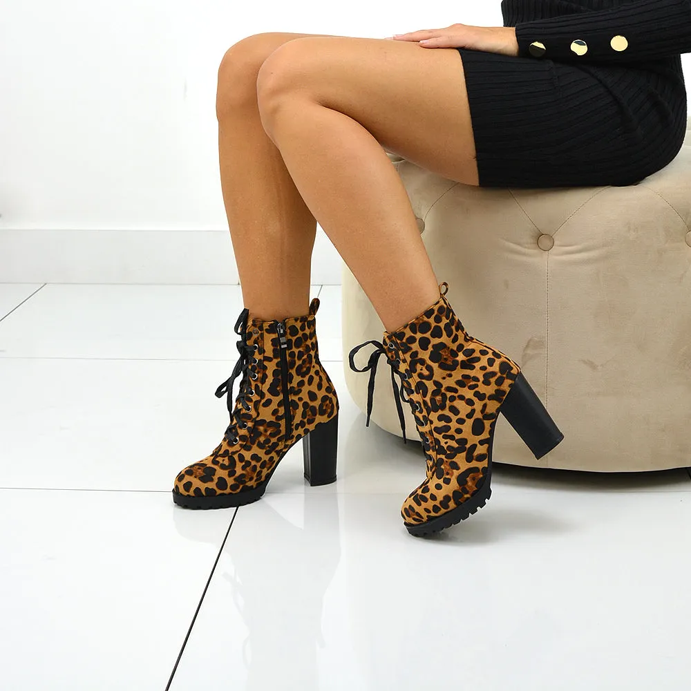 Ariel Chunky Lace up Block High Heel Zip-up Biker Ankle Boots in Animal Print