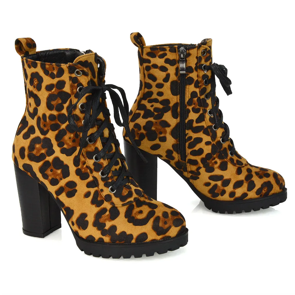 Ariel Chunky Lace up Block High Heel Zip-up Biker Ankle Boots in Animal Print