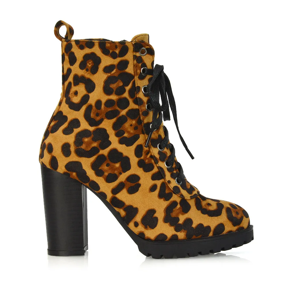 Ariel Chunky Lace up Block High Heel Zip-up Biker Ankle Boots in Animal Print