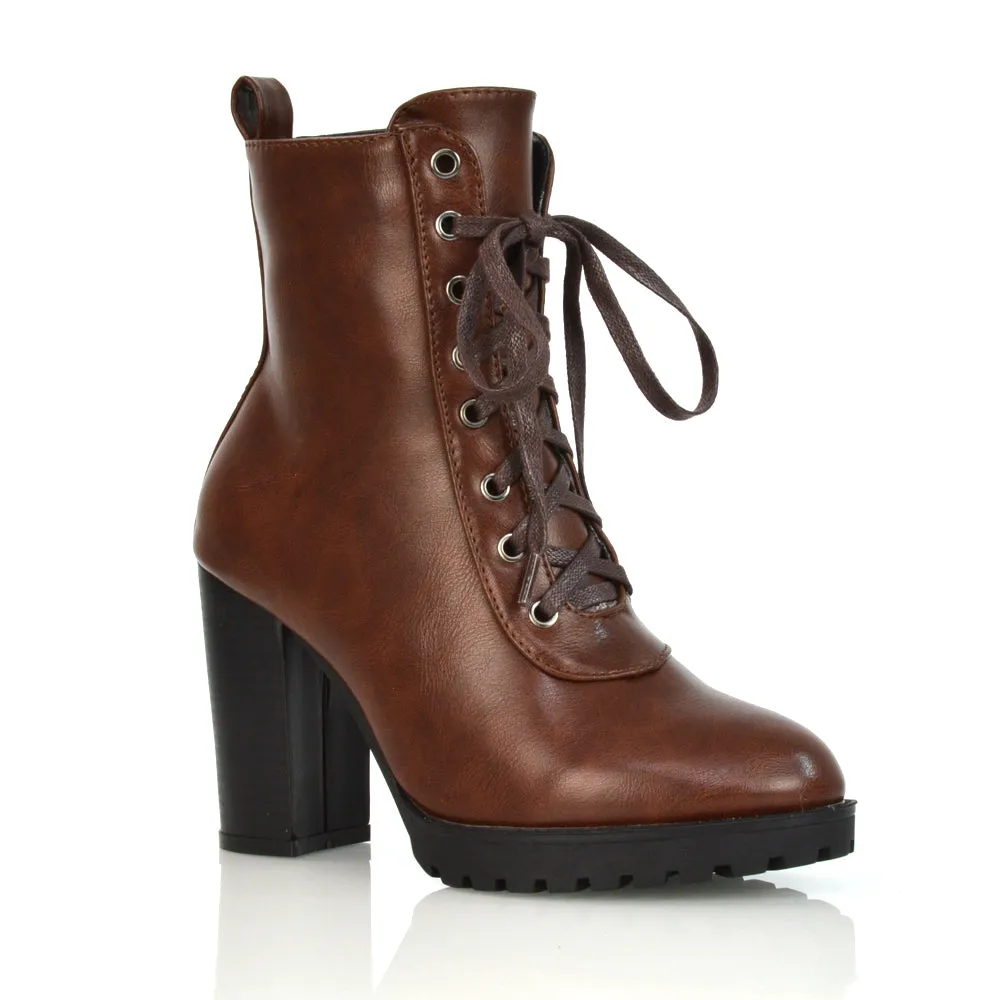 Ariel Chunky Lace up Block High Heel Zip-up Biker Ankle Boots in Animal Print