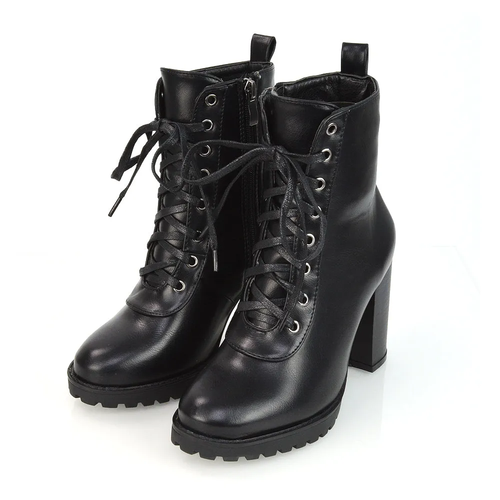 Ariel Chunky Lace up Block High Heel Zip-up Biker Ankle Boots in Black Faux Suede