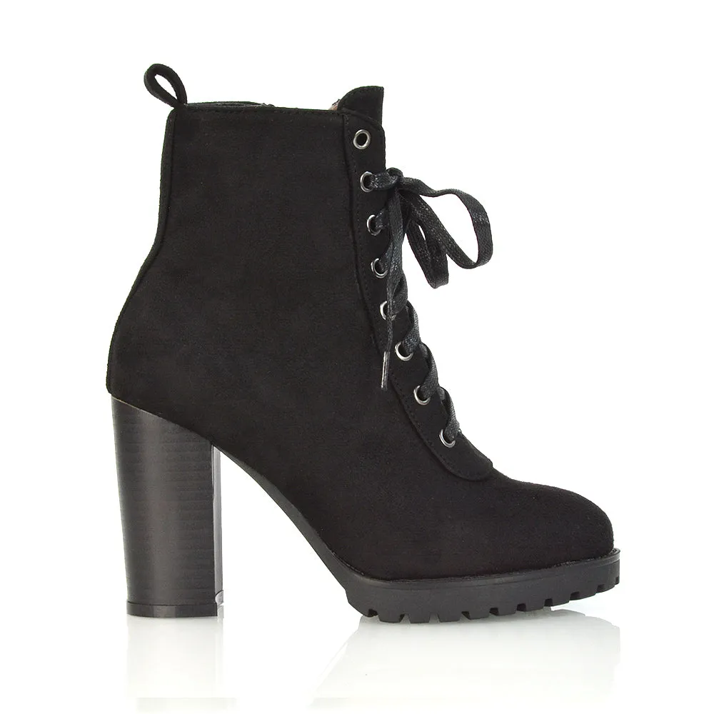 Ariel Chunky Lace up Block High Heel Zip-up Biker Ankle Boots in Black Faux Suede