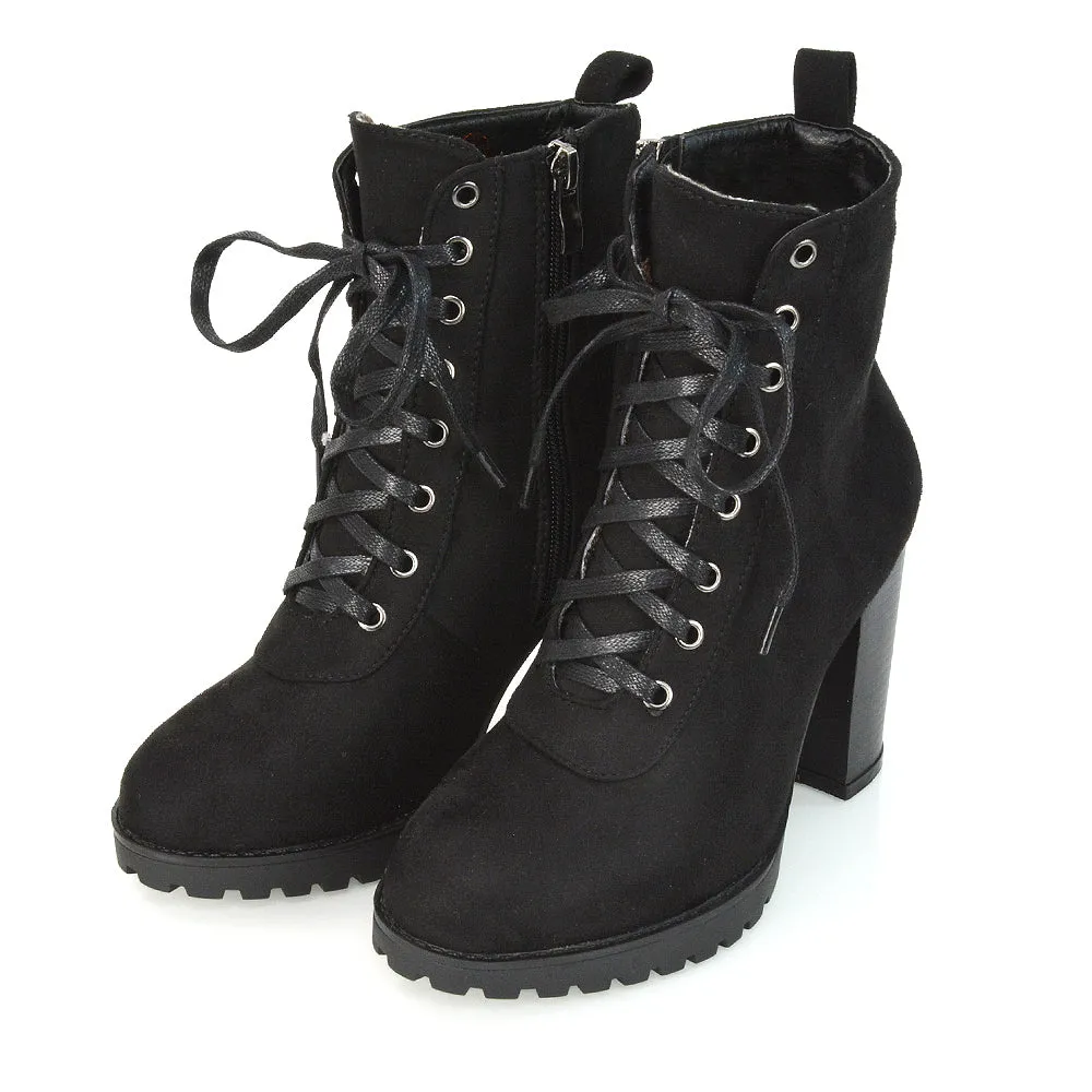 Ariel Chunky Lace up Block High Heel Zip-up Biker Ankle Boots in Black Faux Suede