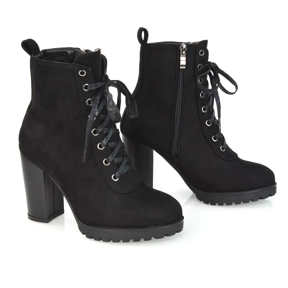 Ariel Chunky Lace up Block High Heel Zip-up Biker Ankle Boots in Black Faux Suede