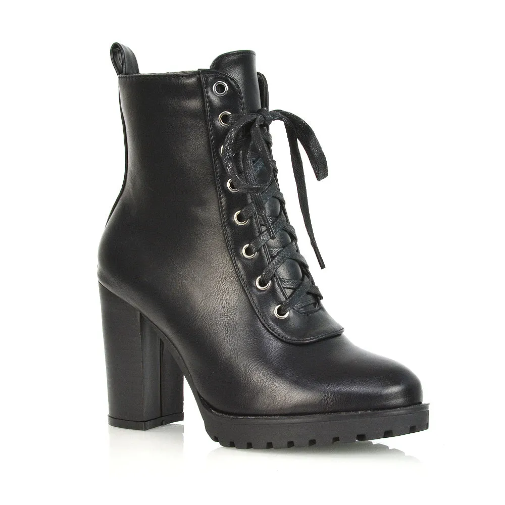 Ariel Chunky Lace up Block High Heel Zip-up Biker Ankle Boots in Black Faux Suede