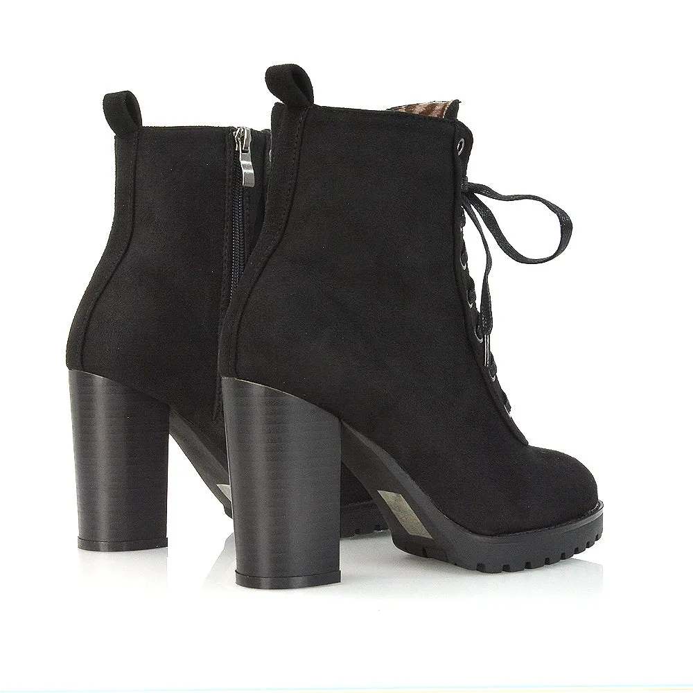 Ariel Chunky Lace up Block High Heel Zip-up Biker Ankle Boots in Black Faux Suede