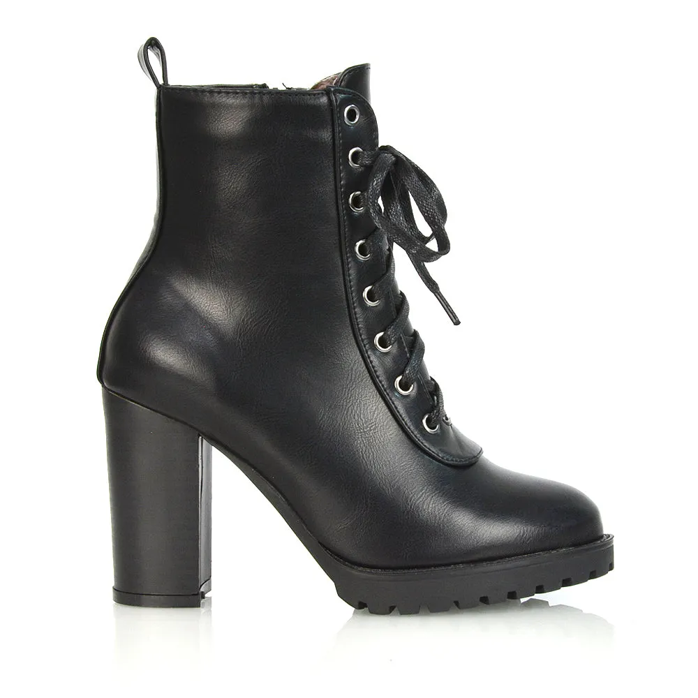 Ariel Chunky Lace up Block High Heel Zip-up Biker Ankle Boots in Black Faux Suede