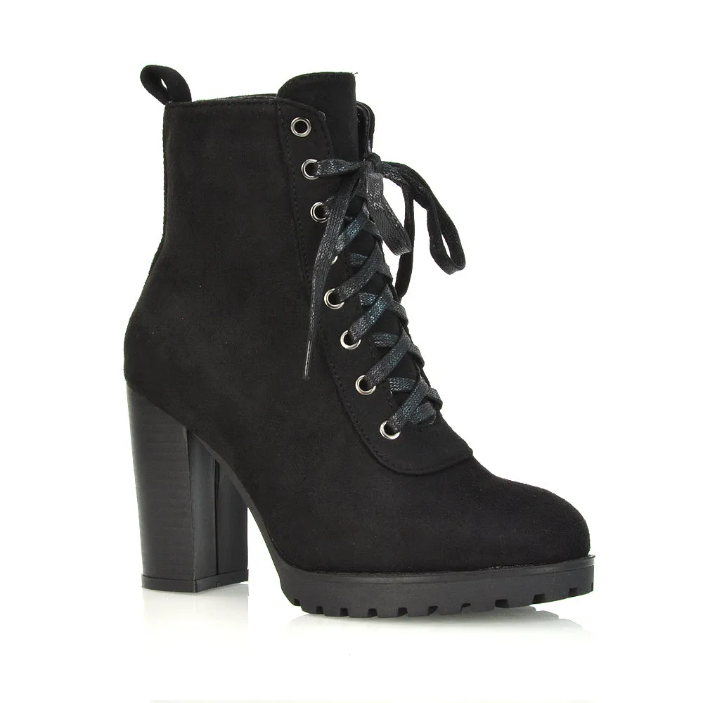 Ariel Chunky Lace up Block High Heel Zip-up Biker Ankle Boots in Black Synthetic Leather