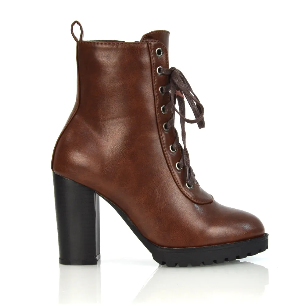 Ariel Chunky Lace up Block High Heel Zip-up Biker Ankle Boots in Black Synthetic Leather