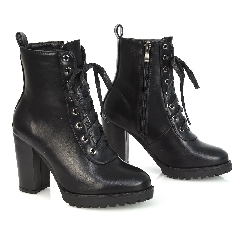 Ariel Chunky Lace up Block High Heel Zip-up Biker Ankle Boots in Black Synthetic Leather