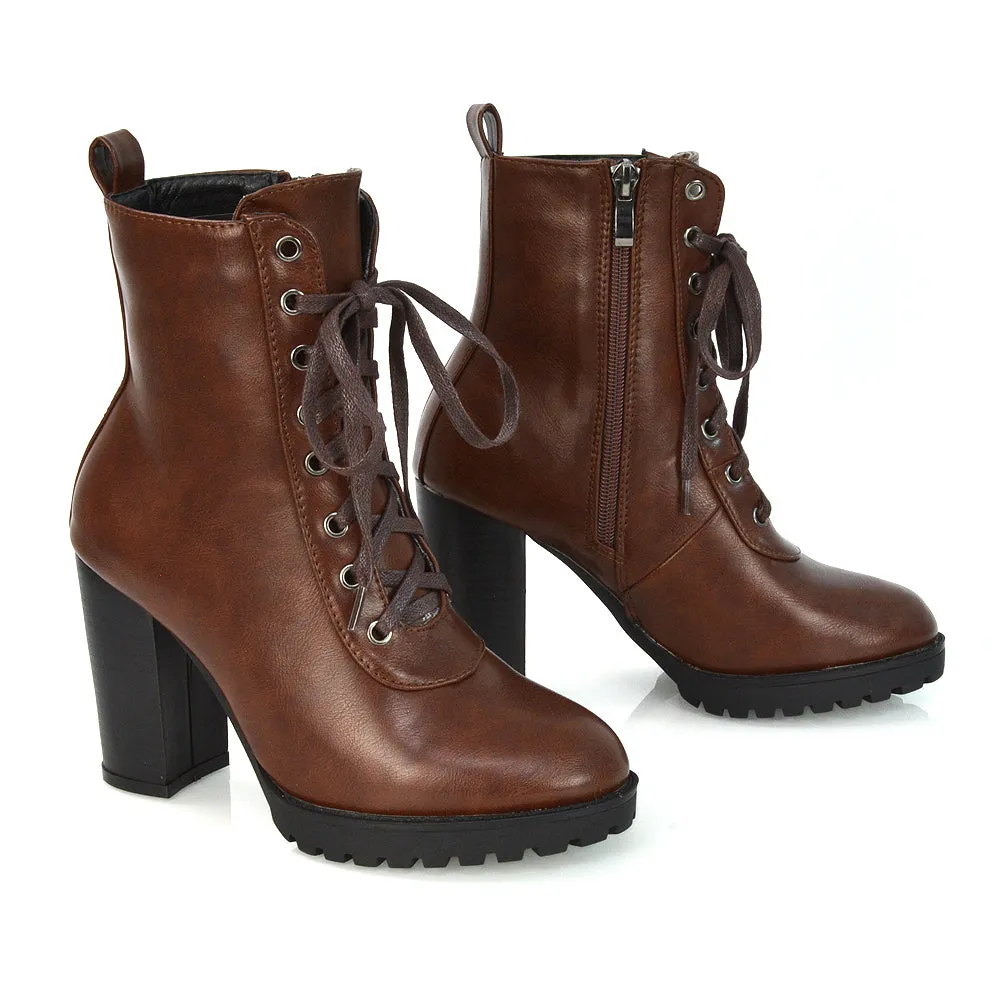 Ariel Chunky Lace up Block High Heel Zip-up Biker Ankle Boots in Brown Synthetic Leather