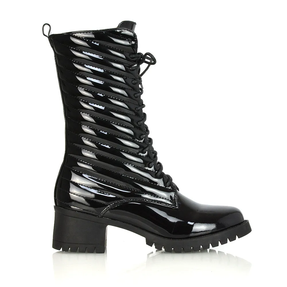 Astrid Padded Mid-Calf Low Block Heel Biker Lace up Combat Boots in Black Synthetic Leather