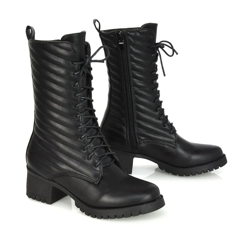 Astrid Padded Mid-Calf Low Block Heel Biker Lace up Combat Boots in Black Synthetic Leather