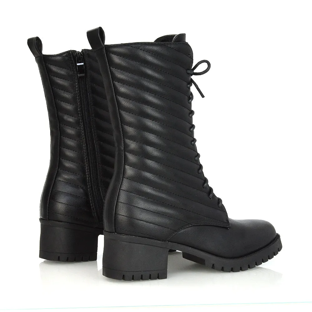 Astrid Padded Mid-Calf Low Block Heel Biker Lace up Combat Boots in Black Synthetic Leather