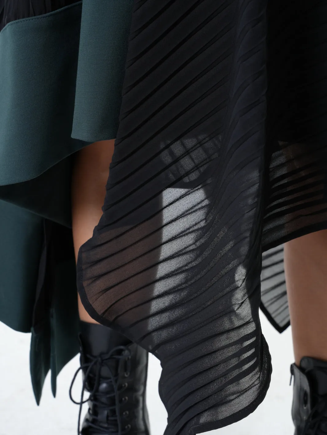 Asymmetric Dress In Petrol With Pleated Chiffon Layer