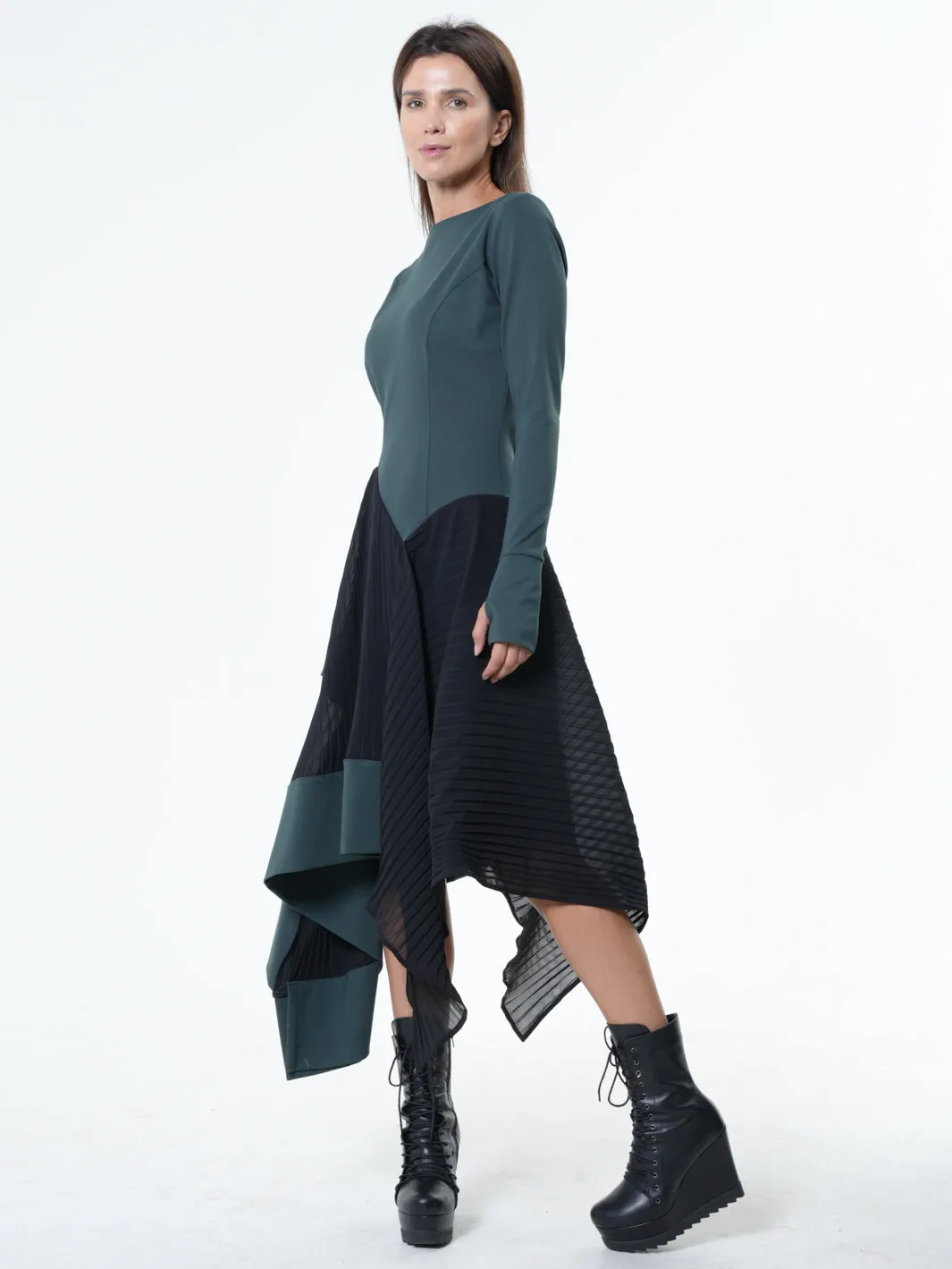 Asymmetric Dress In Petrol With Pleated Chiffon Layer