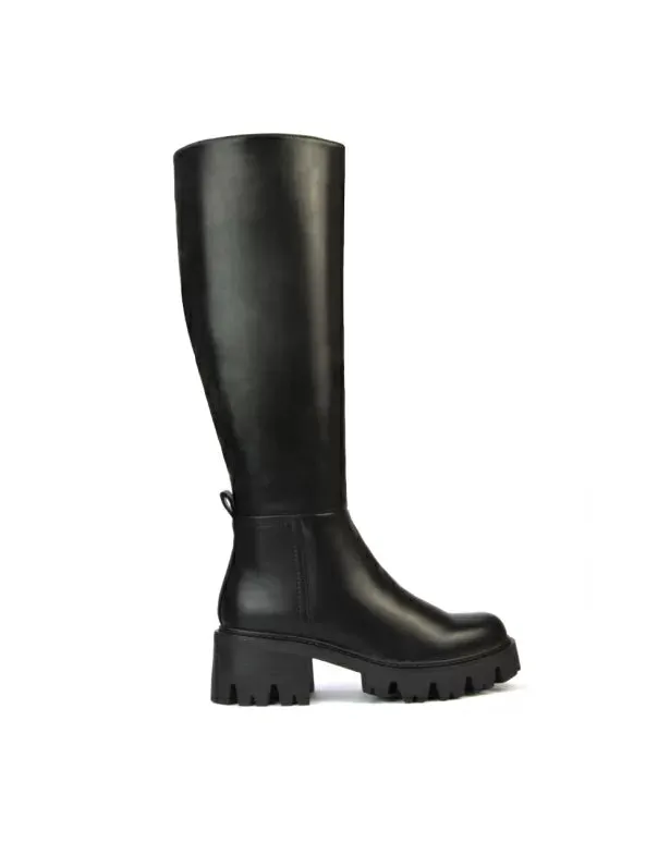 Aubree Chunky Platform Block Heel Knee High Biker Boots in Black Synthetic Leather