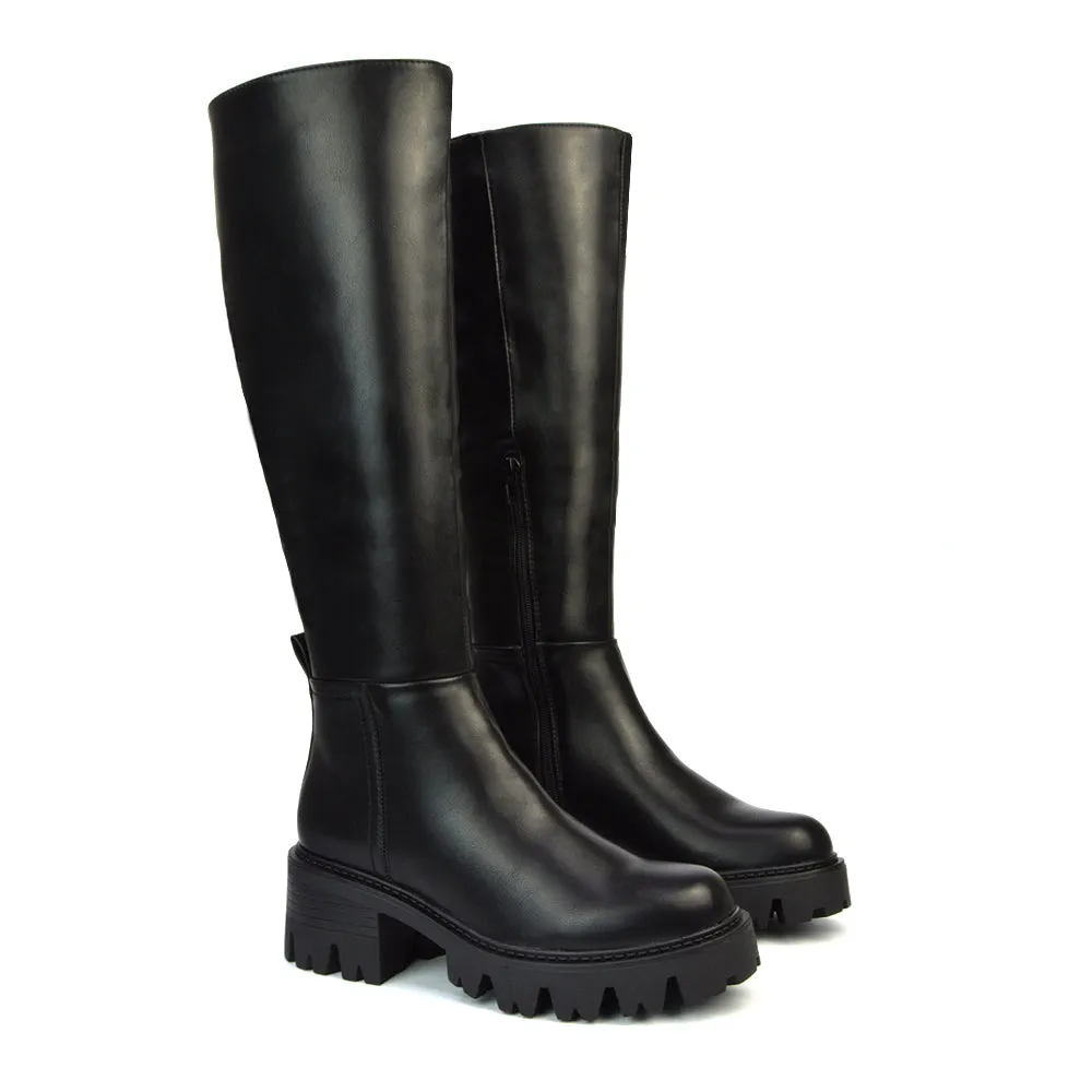 Aubree Chunky Platform Block Heel Knee High Biker Boots in Black Synthetic Leather