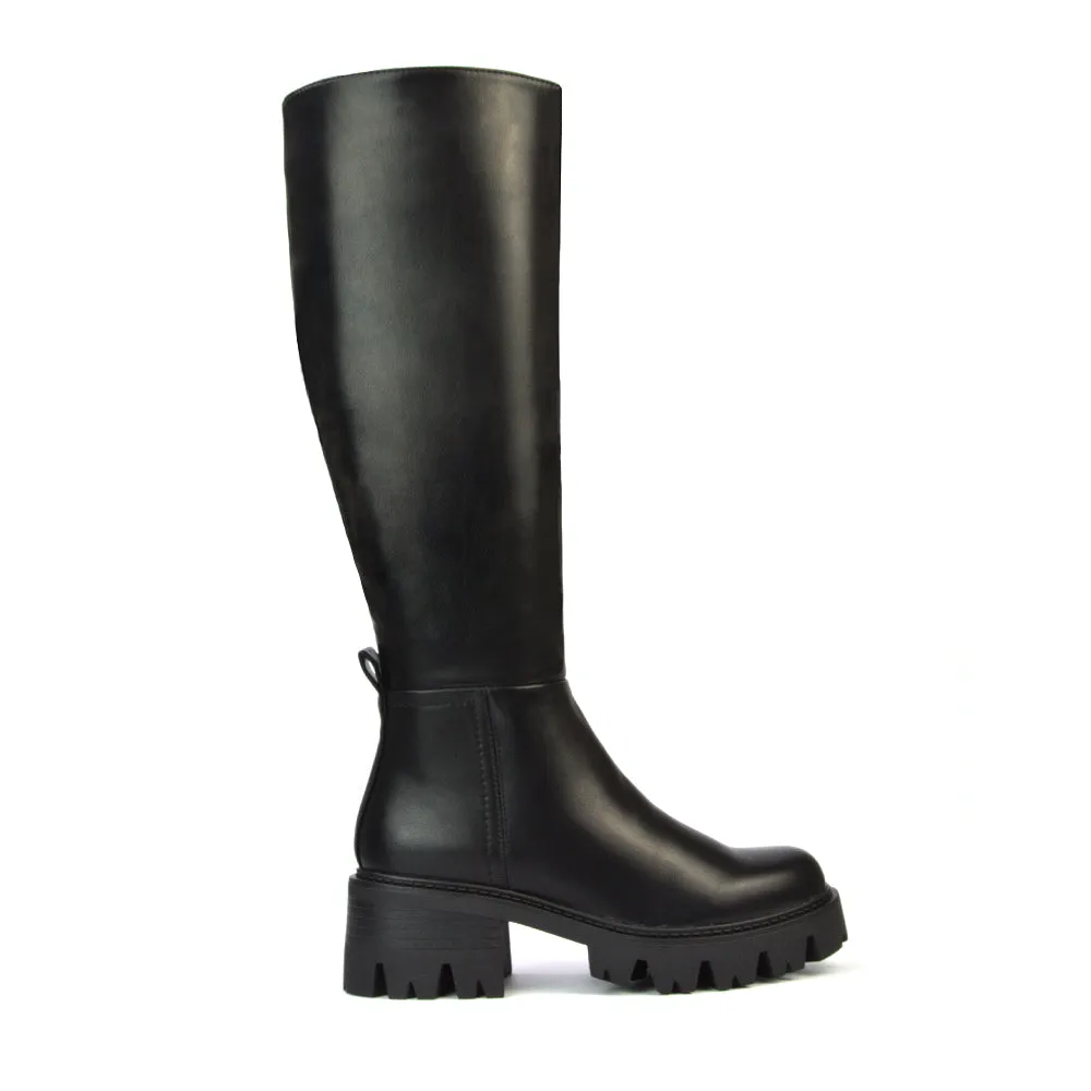 Aubree Chunky Platform Block Heel Knee High Biker Boots in Black Synthetic Leather