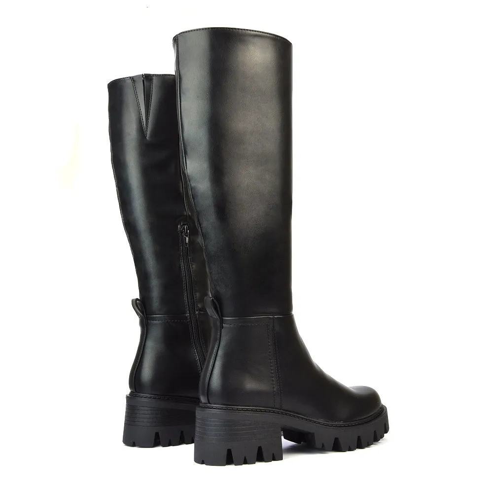 Aubree Chunky Platform Block Heel Knee High Biker Boots in Black Synthetic Leather