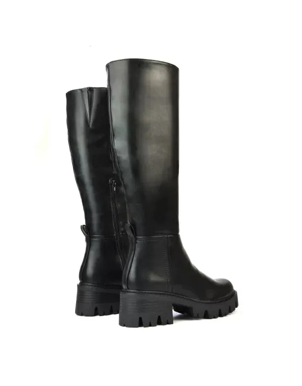 Aubree Chunky Platform Block Heel Knee High Biker Boots in Black Synthetic Leather