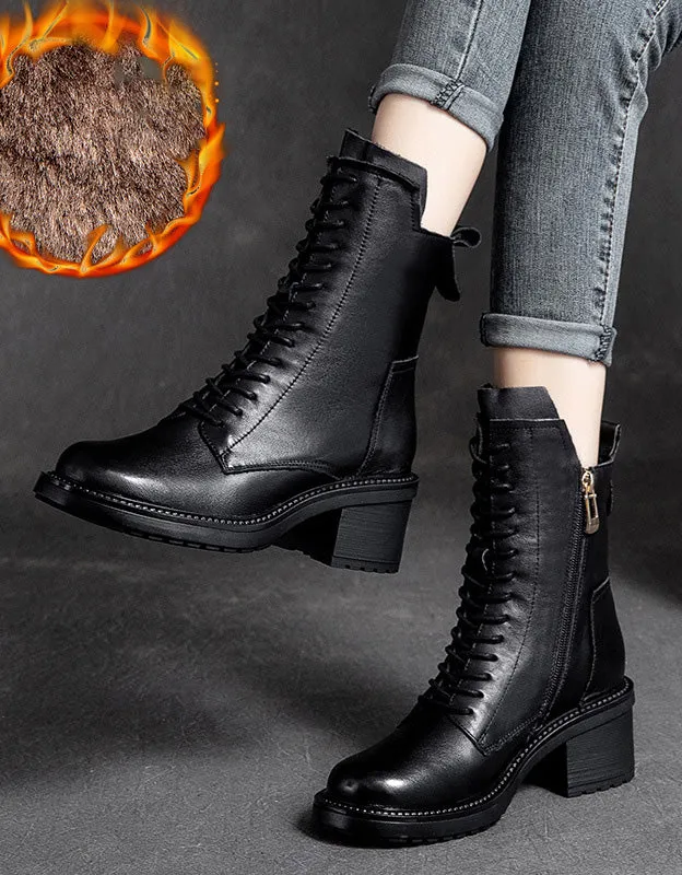 Autumn Winter Retro Leather Chunky Heels Combat Boots