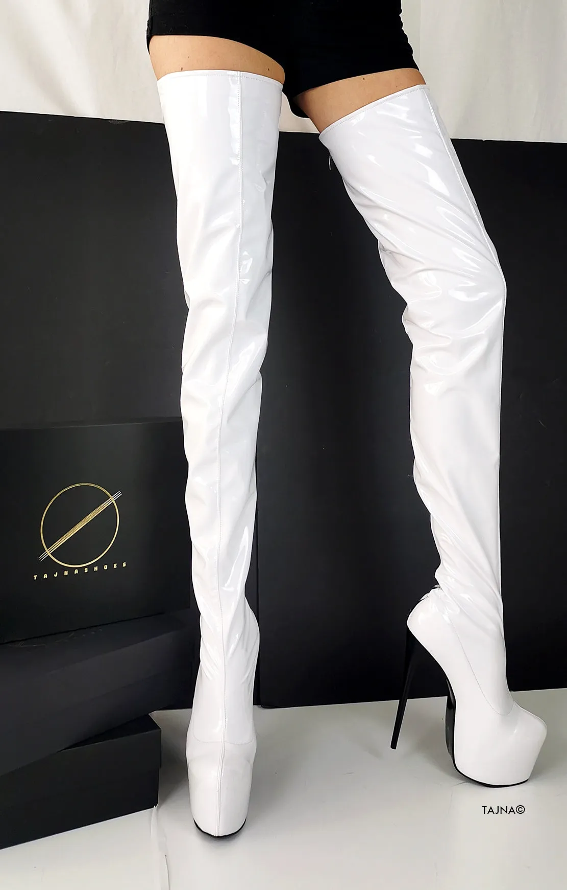 Back Zipper White Gloss Thigh High Boots