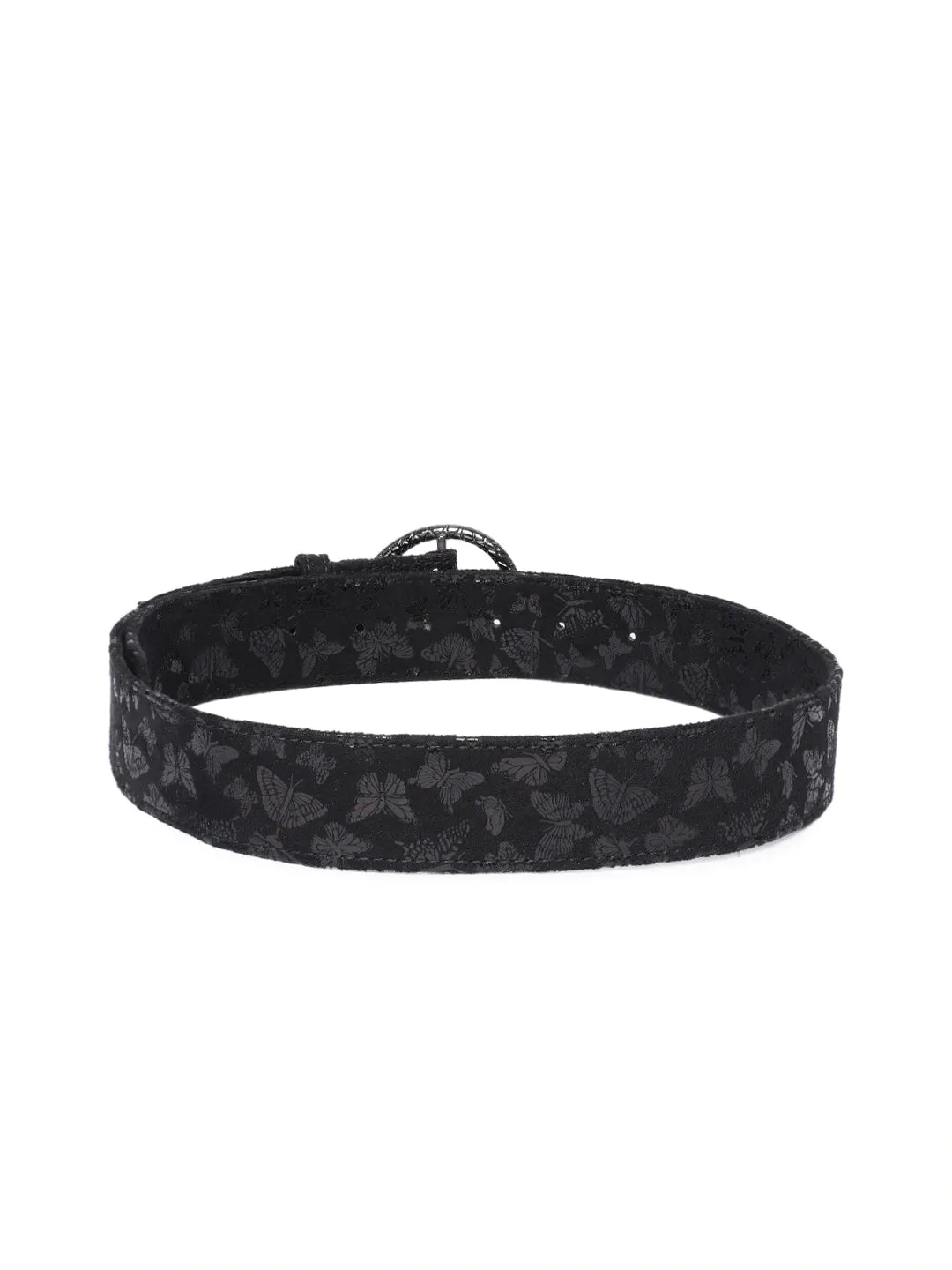 Berrylush Women Black Butterfly Printed Synthetic Leather Tang-Up Slim Regular Belt