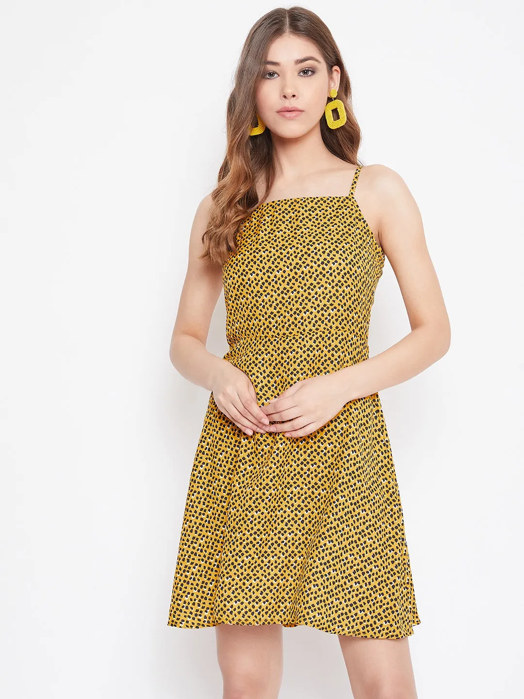 Berrylush Women Yellow & Black Spot Printed Square Neck Fit & Flare Mini Dress