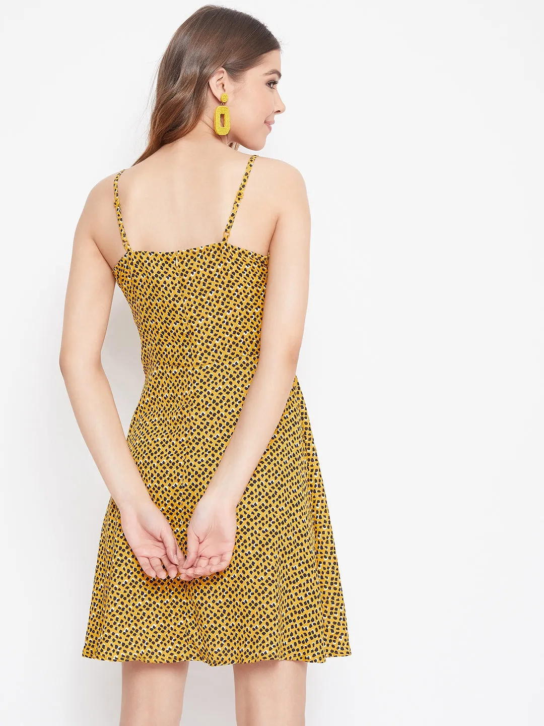 Berrylush Women Yellow & Black Spot Printed Square Neck Fit & Flare Mini Dress