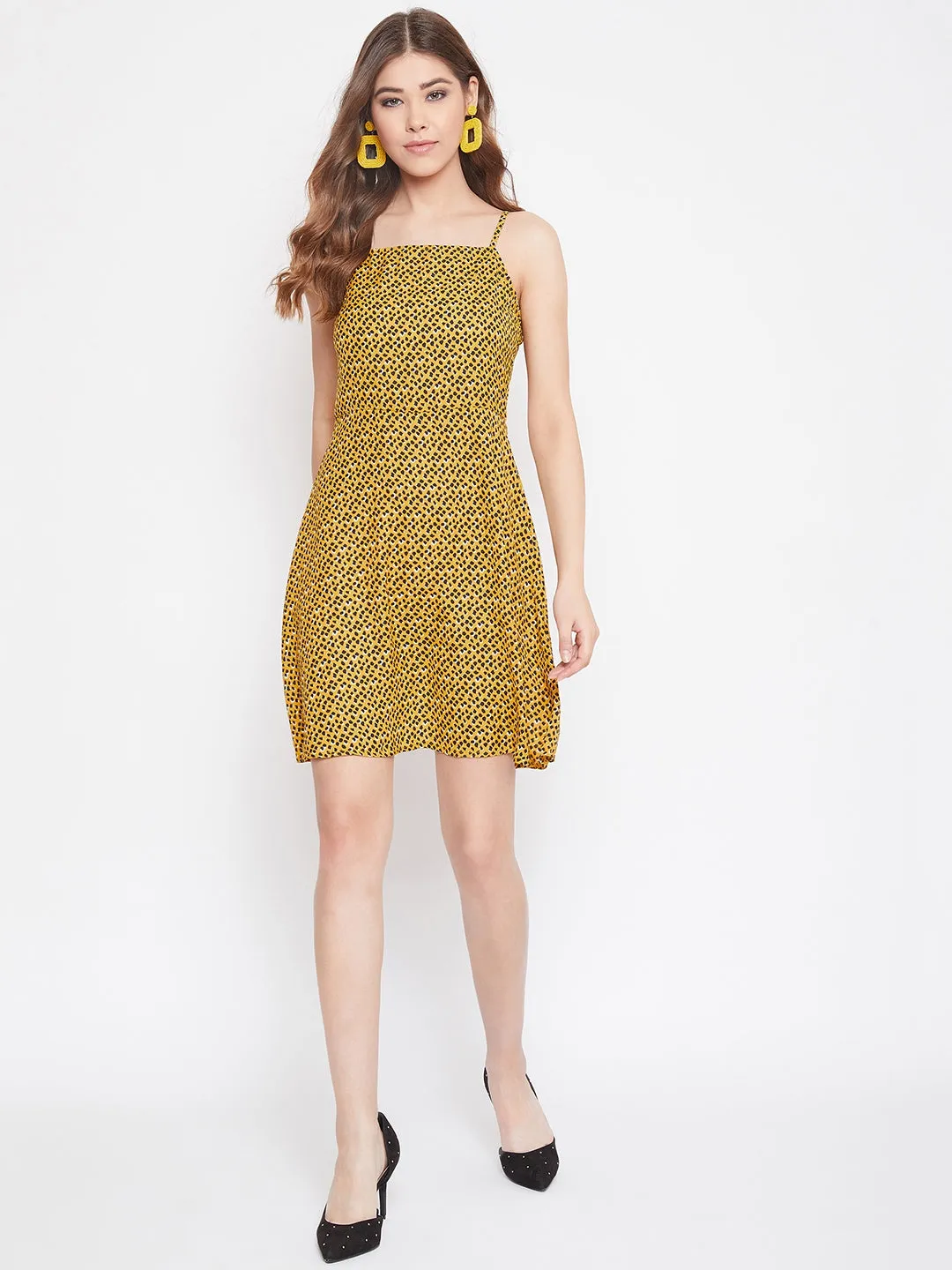 Berrylush Women Yellow & Black Spot Printed Square Neck Fit & Flare Mini Dress