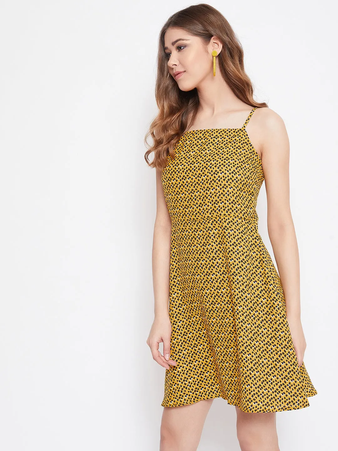 Berrylush Women Yellow & Black Spot Printed Square Neck Fit & Flare Mini Dress