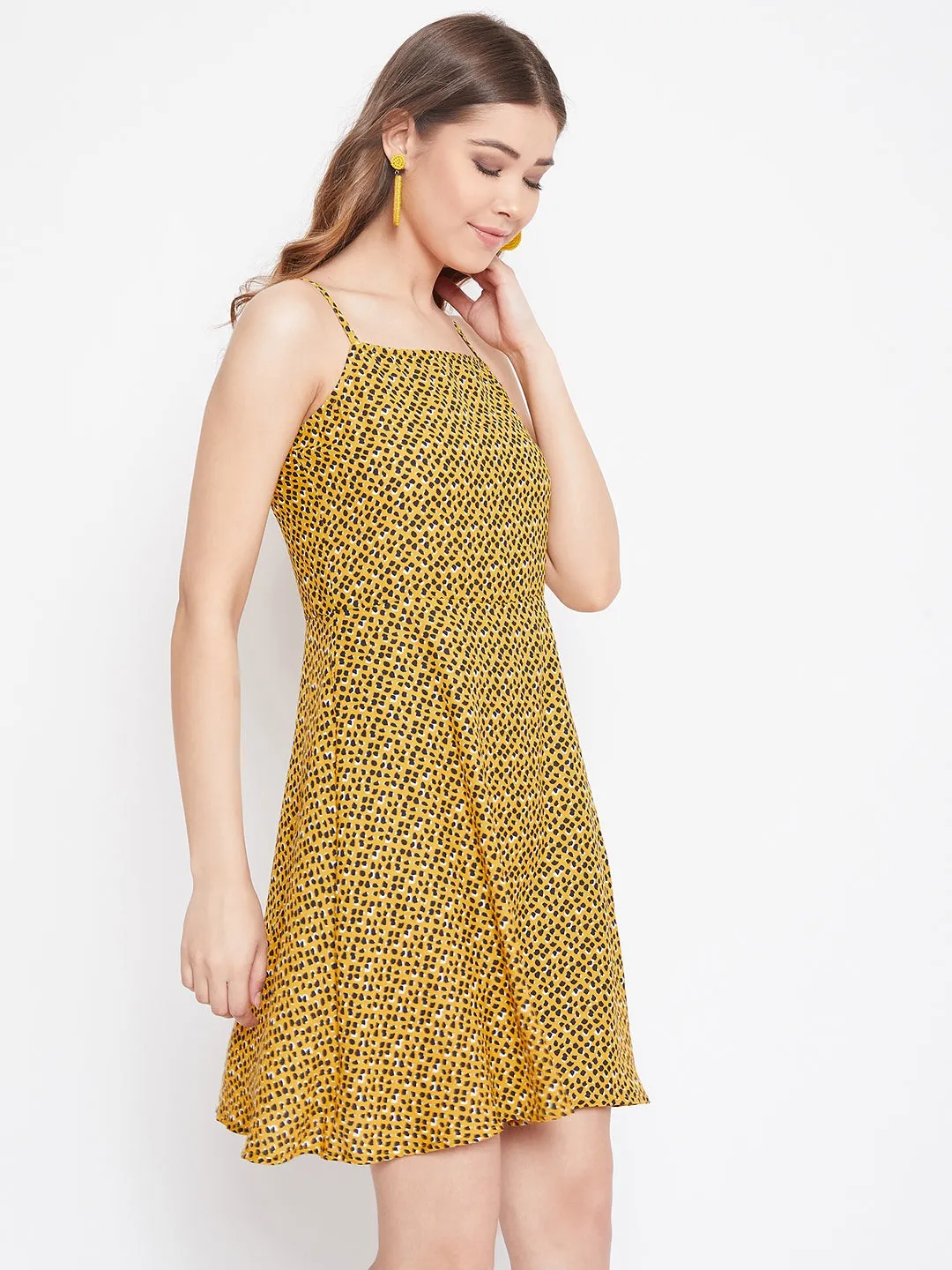 Berrylush Women Yellow & Black Spot Printed Square Neck Fit & Flare Mini Dress