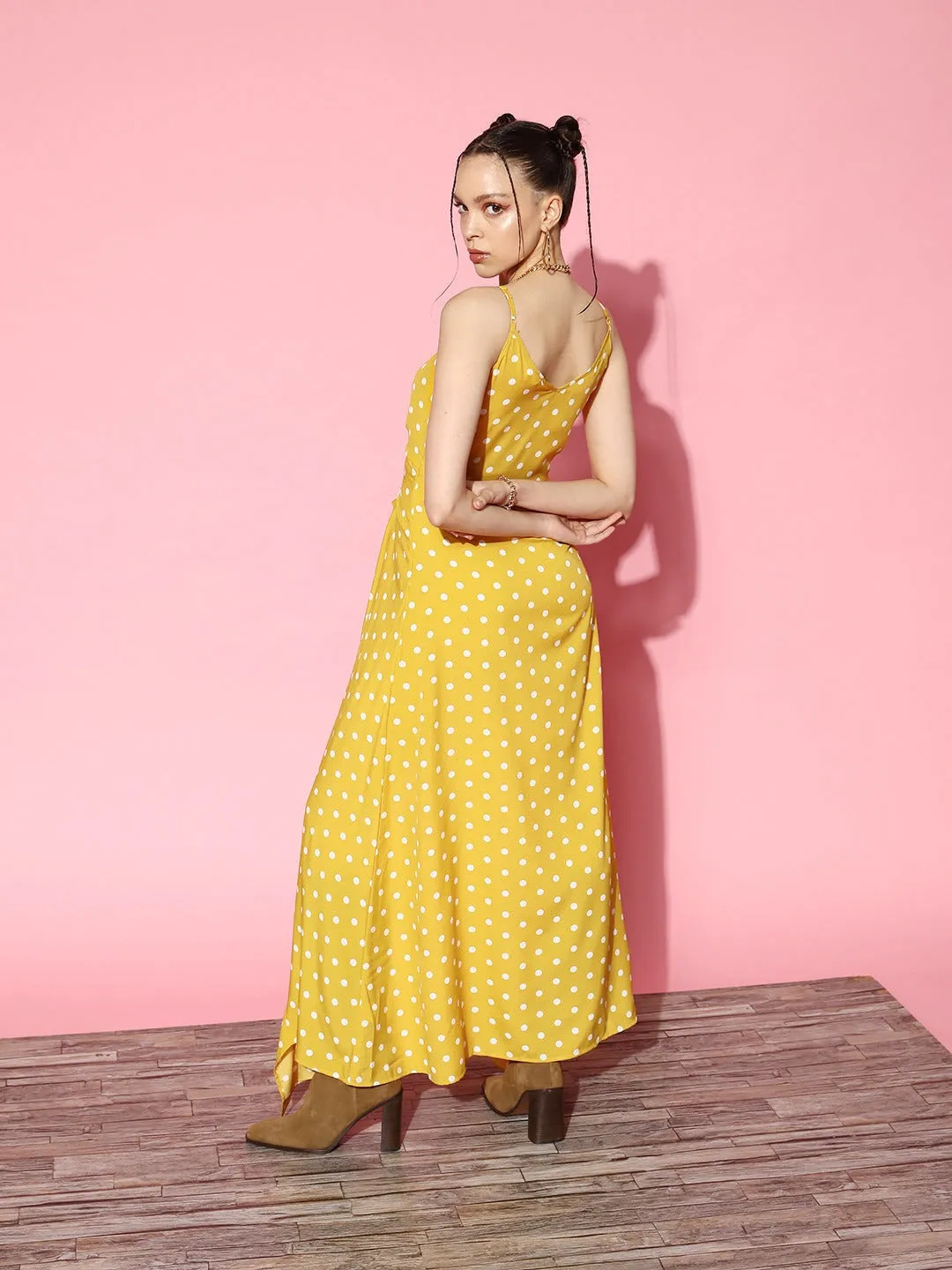 Berrylush Women Yellow & White Polka Dot Printed V-Neck Sleeveless Crepe High-Low Ruffled Maxi Dress