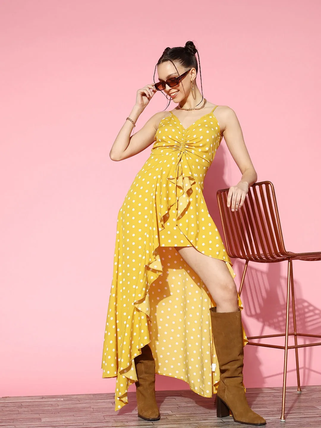 Berrylush Women Yellow & White Polka Dot Printed V-Neck Sleeveless Crepe High-Low Ruffled Maxi Dress