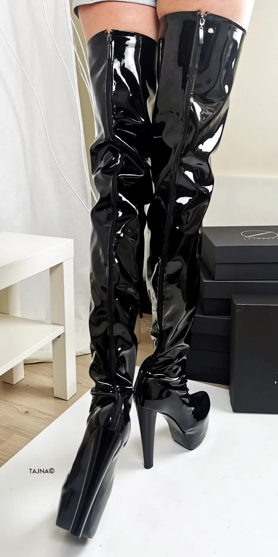 Black Gloss Thigh High Chunky Heel Boots