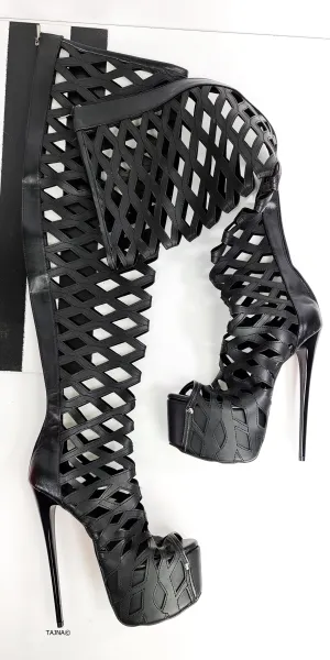 Black Matte Laser Cut Thigh High Boots