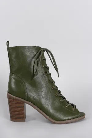 Breckelle Combat Lace Up Peep Toe Heeled Ankle Boots