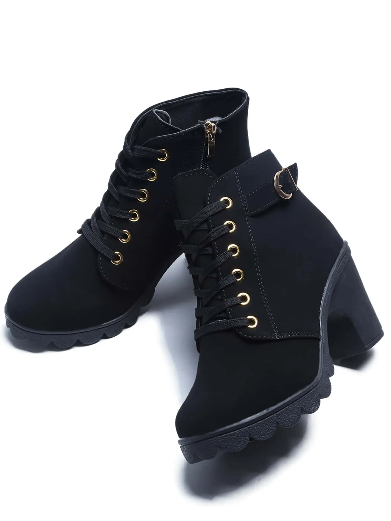 Buckle Detail Side Zip Chunky Heeled Combat Boots