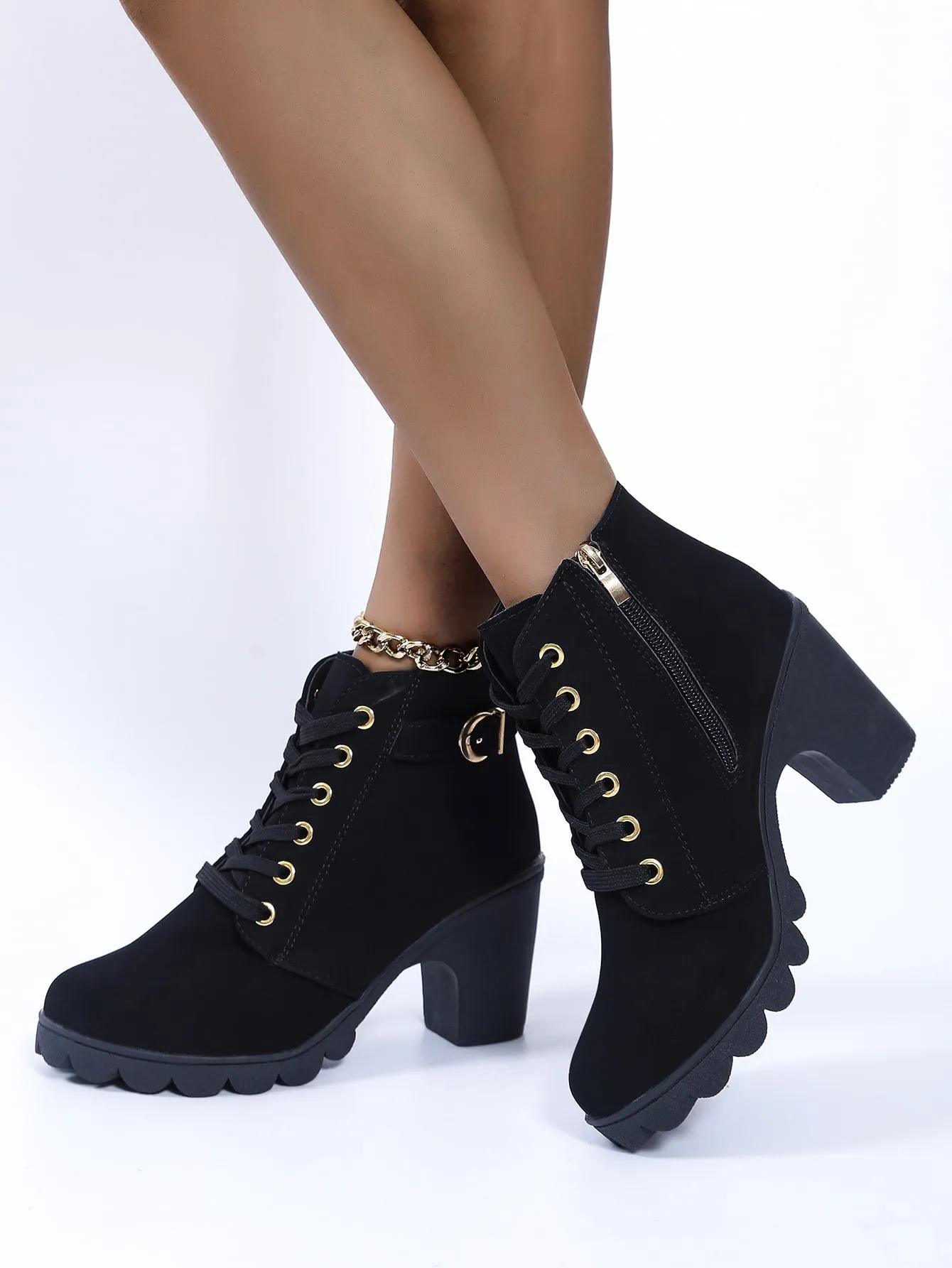 Buckle Detail Side Zip Chunky Heeled Combat Boots