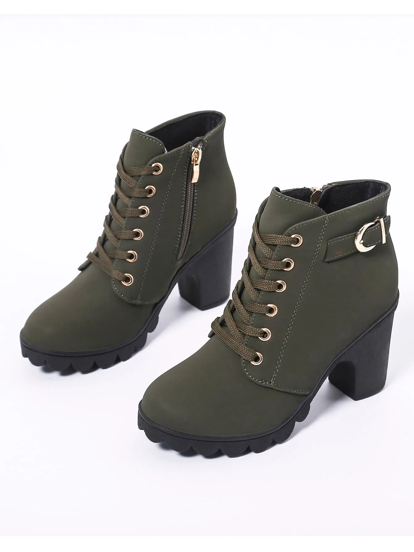 Buckle Detail Side Zip Chunky Heeled Combat Boots